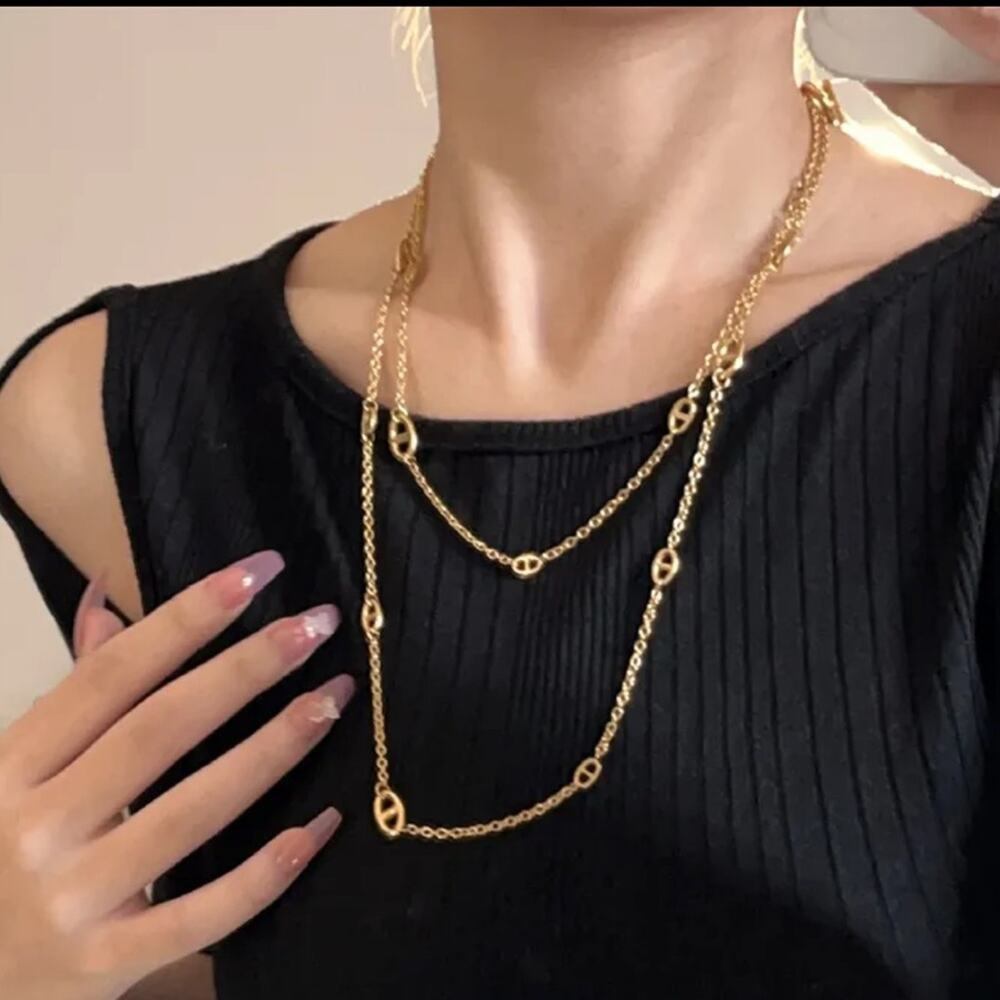 Gold Pig Nose Multilayer Necklace Bracelet Set Stainless Steel Gold Plated - Picture 7 of 12
